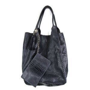 Vintage Suede Leather Croco Pattern Tote Bag Blue